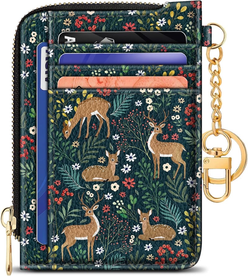 GIANCOMICS Slim Wallet Credit Card Holder Women, Cute Deer Rfid Blocking Small Card Case, Keychain Thin Pocket Curved Zipper Wallet, Travel Card Holder PU Leather ID Window, Ladies Female Gifts - Image 1